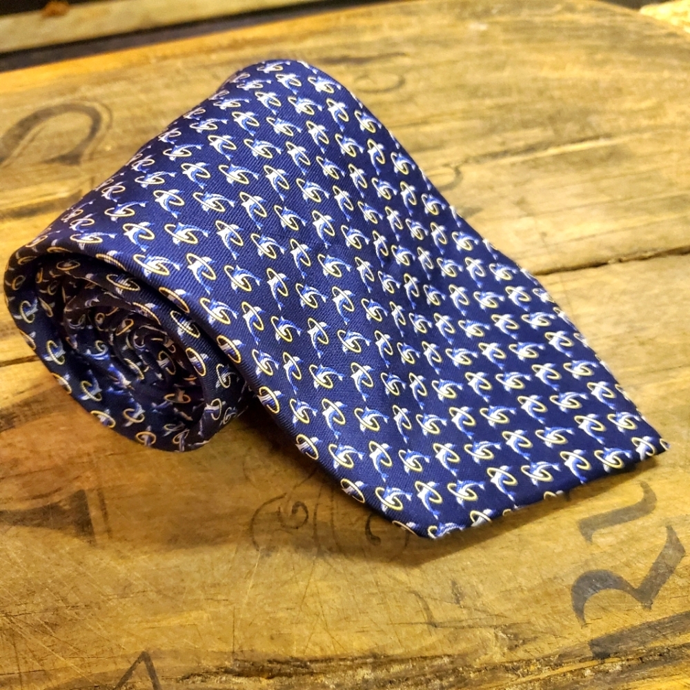 BROOKS BROTHERS Navy Blue/Yellow/White Dolphins & Hoops 100% Silk Men's Neck Tie